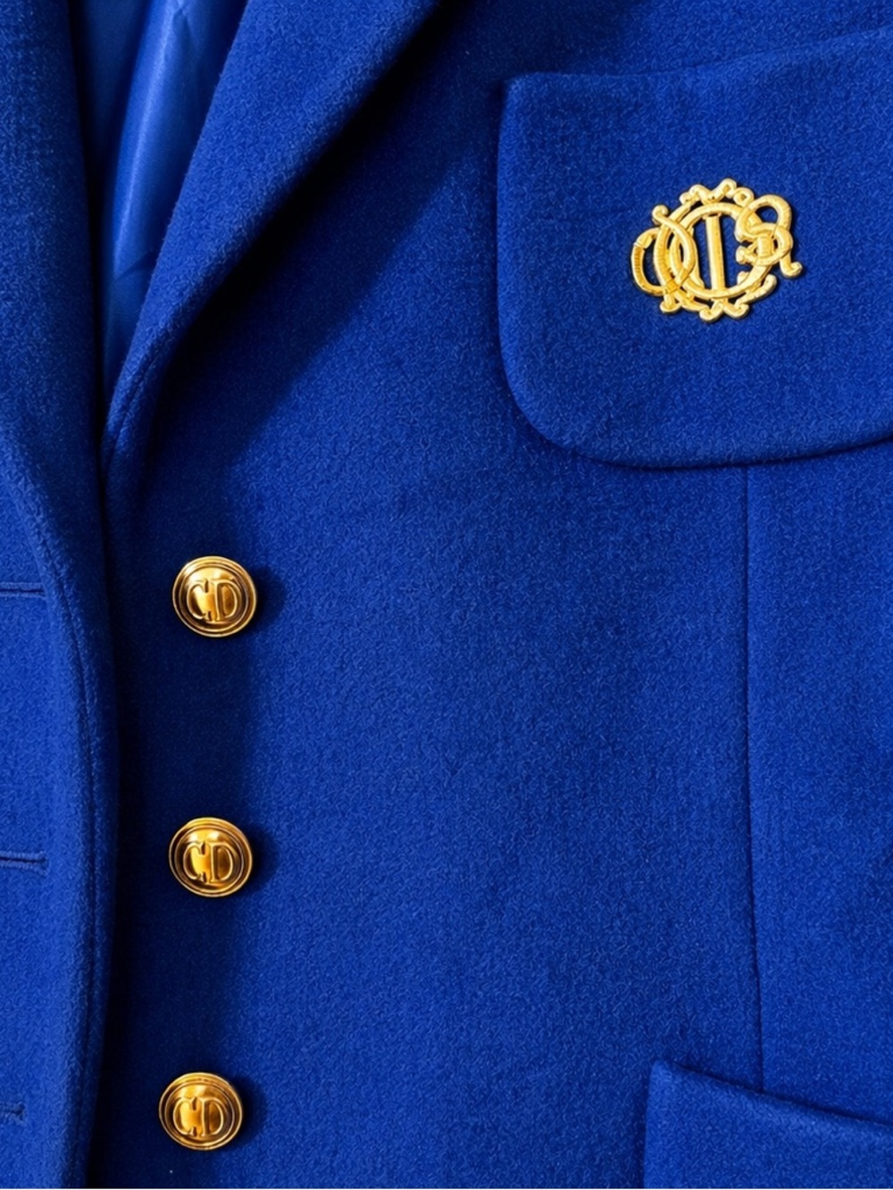 Christian Dior Boutique Royal Blue Wool Coat Gold Crest VTG Size 14 - Picture 2 of 16